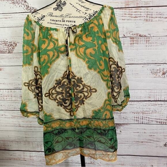 Hale Bob 100% Silk half balloon sleeve sheer scoop neck size large Tunic blouse - Picture 2 of 9